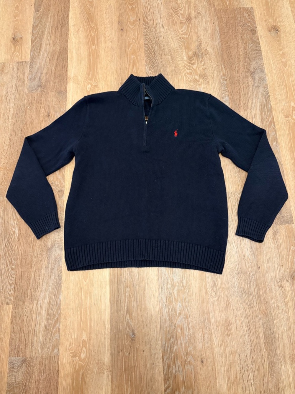 Polo Ralph Lauren Men's Large Navy Blue Quarter Zip Sweater 100% Cotton Red Pony
